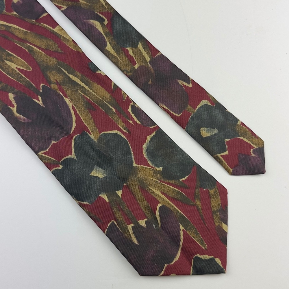 St Michael Mens Silk‎ Tie Burgundy Abstract Floral Made in Italy 3.5w X 57"